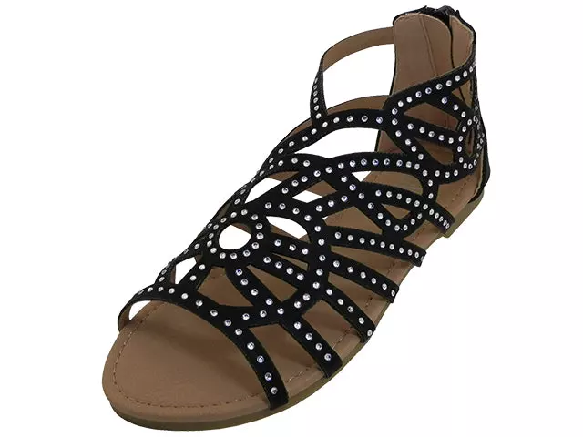 G7602C - Youth's "Easy USA" Rhinestone Top Gladiator Sandals — Black (G7602C-B) / 11-4 Assorted