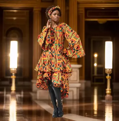7077 - Ruffled high-low African wax print dress with long flared sleeves - (3/pk) - Free & Plus Size - ON SALE!!! $12.50 Each
