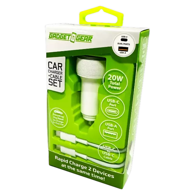 Car Charger Dual USB / USB-C Ports with USB-C to USB-C Charging Cable 20 Watts - 3 Pieces Per Pack 24608