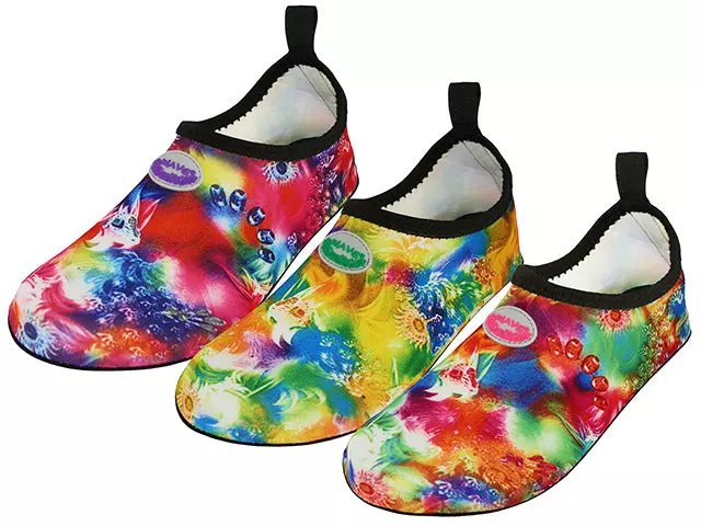 W1122L-A - Wholesale Women's "Wave" Super Soft Elastic Nylon Upper, Fantasy Printed Yoga / Aqua Sock Water Shoes — Assorted - Fuchsia, Green & Purple (W1122L-A) / 5-10 Assorted