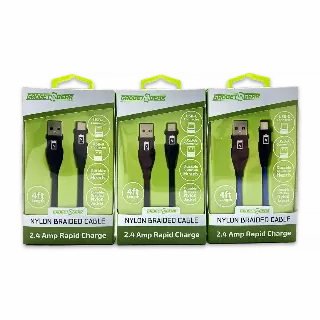 Charging Cable Nylon Braided USB to USB-C 4FT 2.4 Amp - 3 Pieces Per Pack 24616