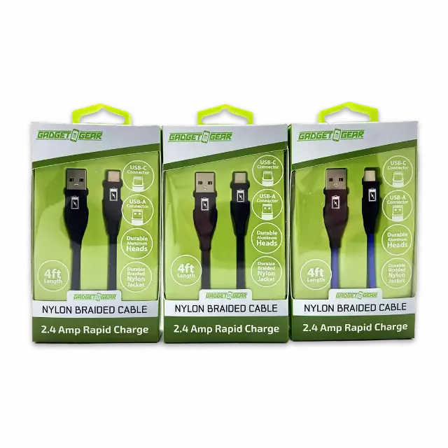 Charging Cable Nylon Braided USB to USB-C 4FT 2.4 Amp - 3 Pieces Per Pack 24616