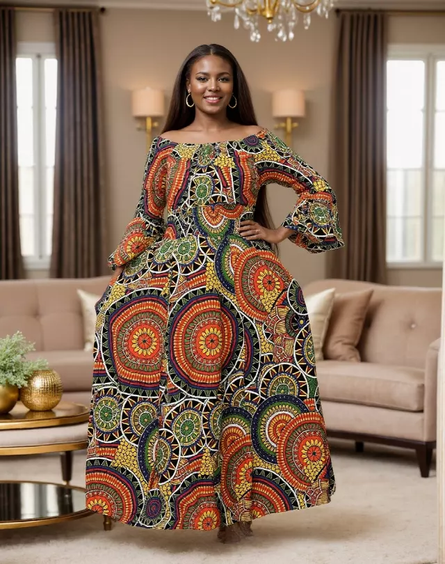 7556 -NEW PRINTS ALERT!!!! Off Shoulder Maxi Dress in Ankara Prints - $25.00 Each (3 pcs per pack) — Free Size / Print-650