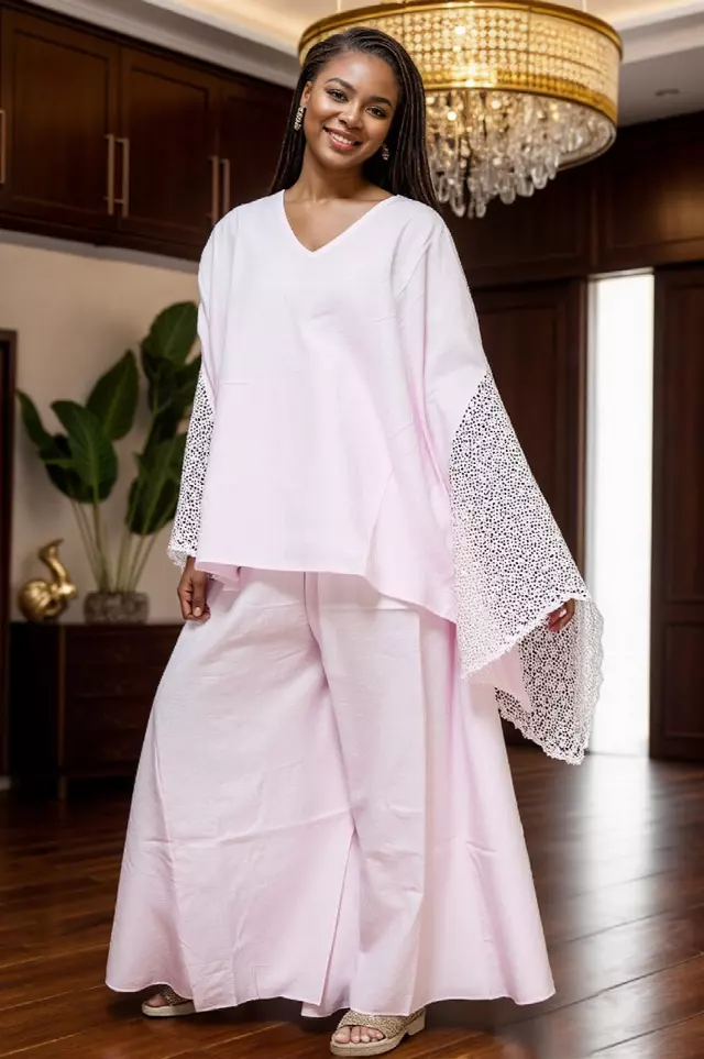 7866 L Authentic African Print Linen & Crocket 2pc Pant Set - $35 Each (3 pcs per pack) — One Size / Print-1376B