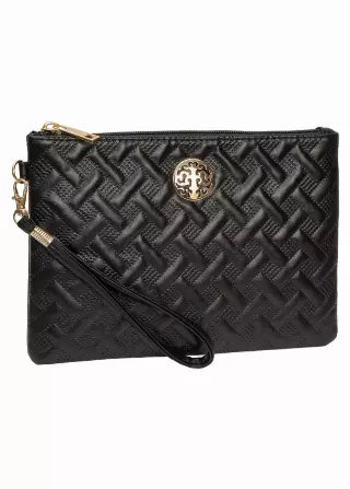 Rebecca & Rifka Smooth Basket Weave Quilt Medallion Zip Wristlet — BK/GD