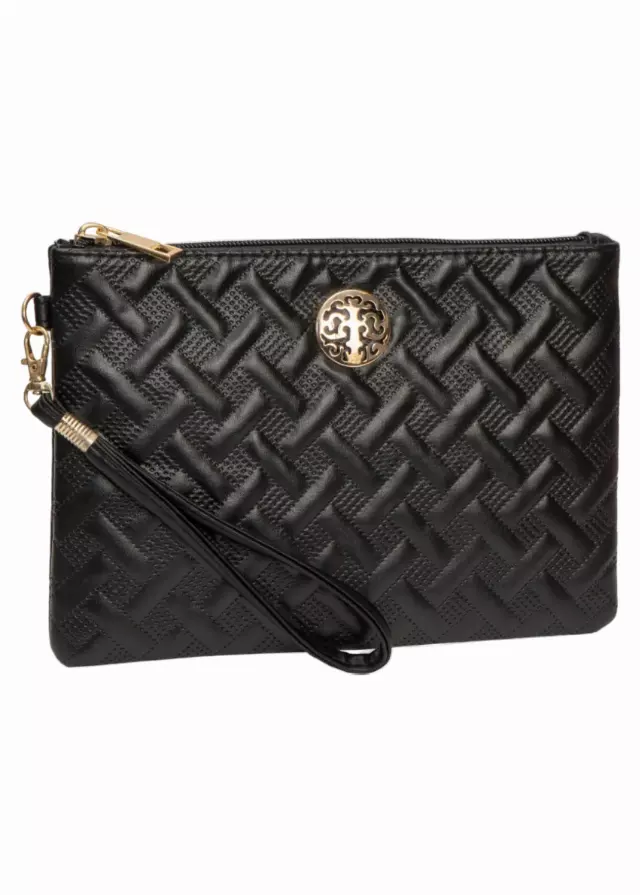 Rebecca & Rifka Smooth Basket Weave Quilt Medallion Zip Wristlet — BK/GD