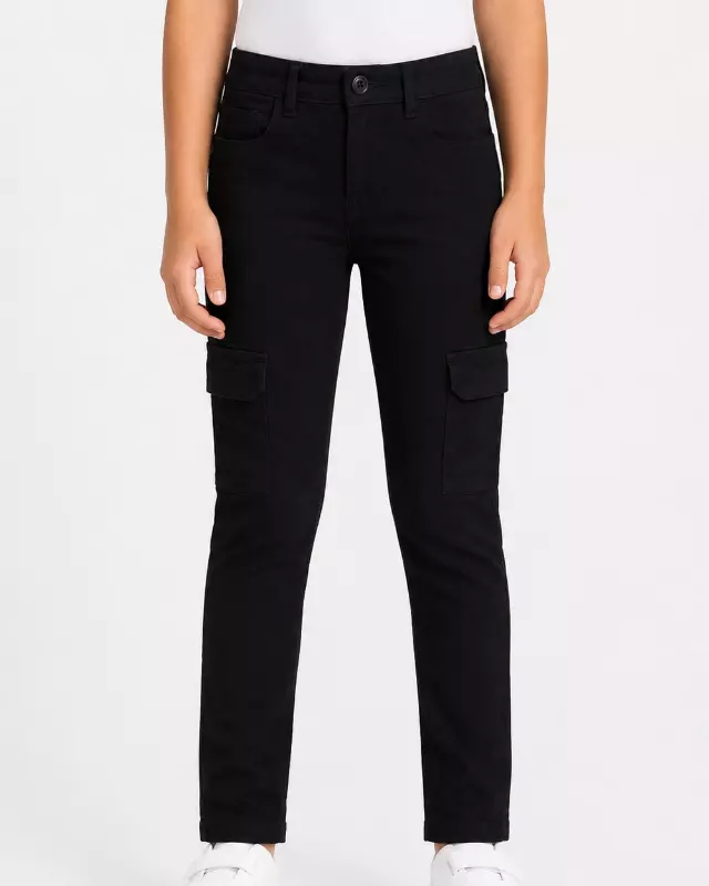 Girls' Skinny Black Twill Pants with Cargo Pockets #02 — Black / 4-5-6-6X