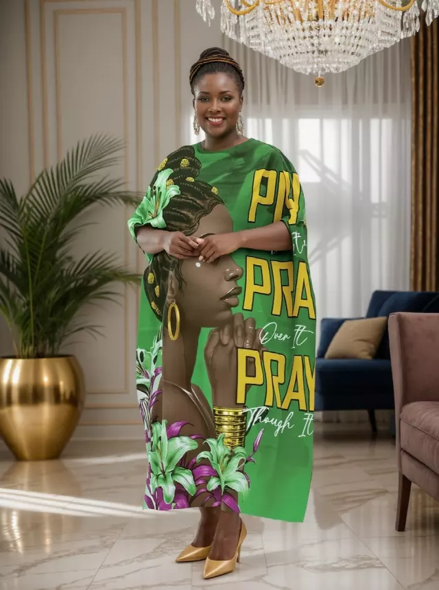 PNA-1635 - Women's Comfy Kaftan Dress with Headwrap- One Size (6-PCS PRE-PACK) - $7 Each — One Size (4-24) / Print-1635A
