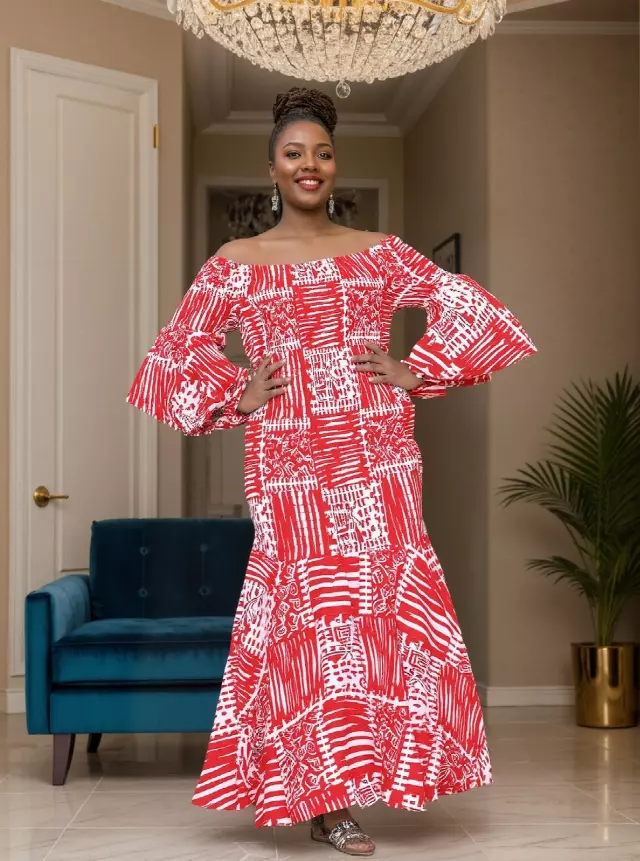 9008 - African Print Off-shoulder Smocking Dress (3/Pk) - Free Size - $25.00 Each — Free Size / Print-659A