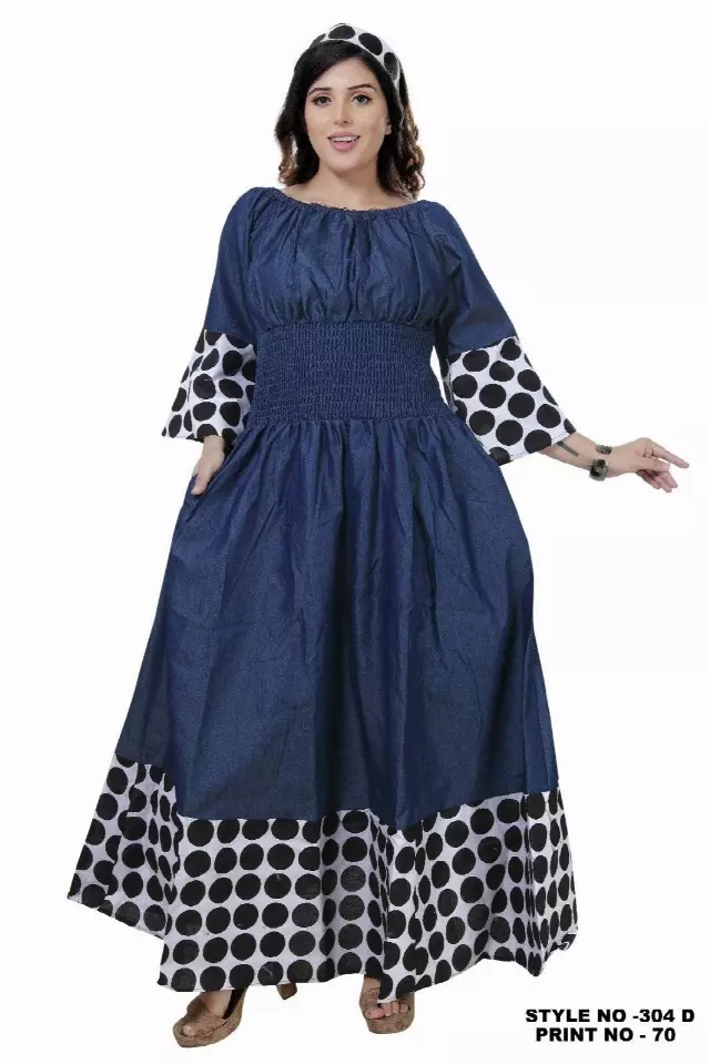 304AD - ON SALE!! Off-shoulder Denim Print Smocked Waist Dress - $15.00 Each — Free Size / Print-070