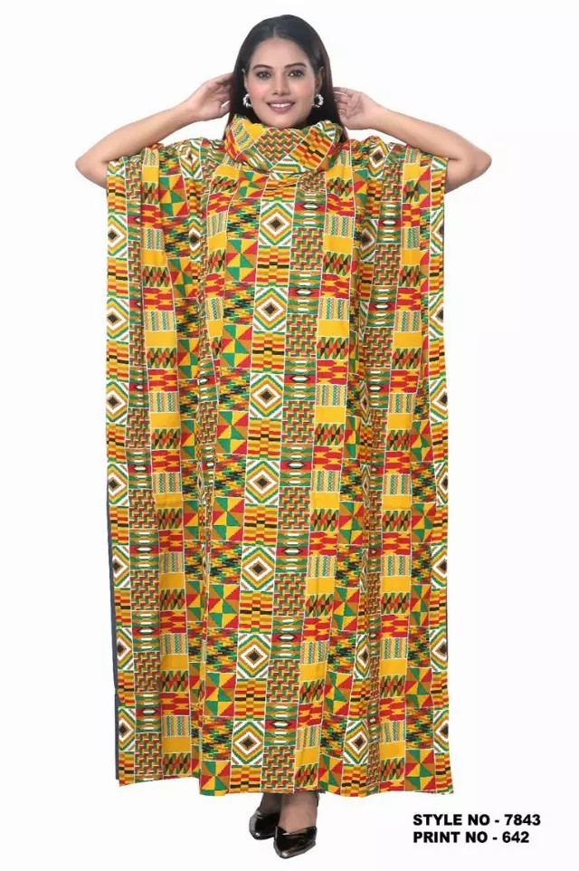 7843 - ON SALE!! African Print Kaftan Dress 100 % Cotton/ Denim Lining (3 PCS PRE-PACK) - $15 EACH — One Size (4-24) / Print-642