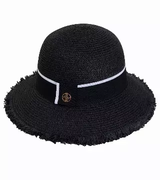 Adrienne Vittadini Frayed Brim Straw Bucket — BLACK