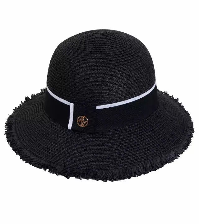Adrienne Vittadini Frayed Brim Straw Bucket — BLACK