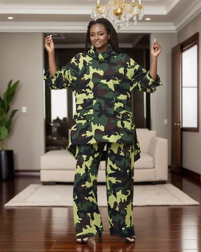 7874 Authentic African Cotton 2pc Camo Pant Set Round Cowl Neck - $25 Each (3 pcs per pack)