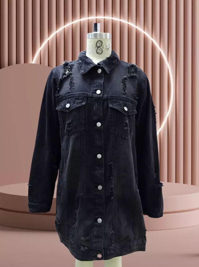 CHH-23047 - Women's "FAITH" Button Down Classic Distressed Denim Jacket - (3 pcs PRE-PACK) ($40 Each) — Plus Size / Black