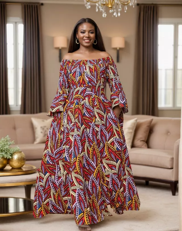 7556 -NEW PRINTS ALERT!!!! Off Shoulder Maxi Dress in Ankara Prints - $25.00 Each (3 pcs per pack) — Free Size / Print-664