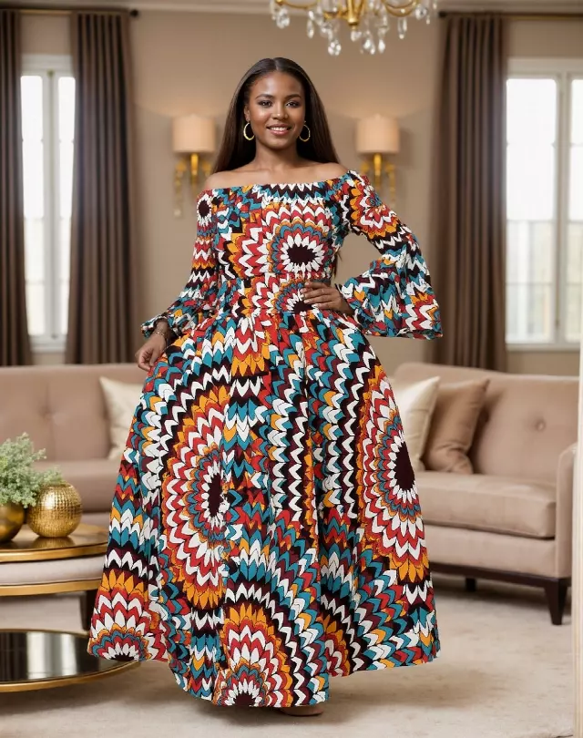 7556 -NEW PRINTS ALERT!!!! Off Shoulder Maxi Dress in Ankara Prints - $25.00 Each (3 pcs per pack) — Free Size / Print-458