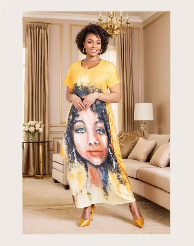22167 Face Print Maxi Dress - One Size (3-PCS PRE-PACK) ($15 Each)