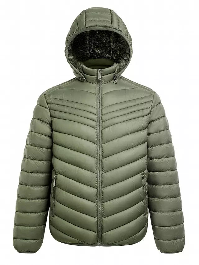 Men’s Solid Berber Lined Full Zip Puffer Jacket with Hood - Style #MFJ807 - $16.90/Unit 12 PC — M-2XL (WHOLESALE) / Ranger Green