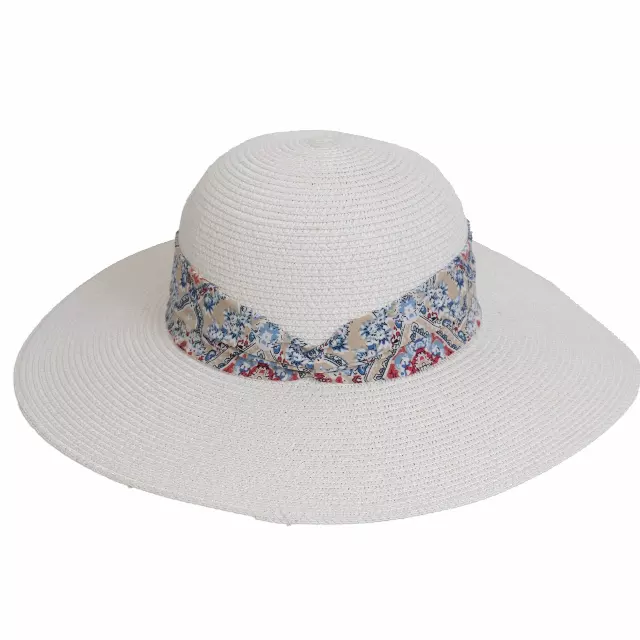Magid Geometric Print Ribbon Straw Floppy Hat — HA-6186S-WT