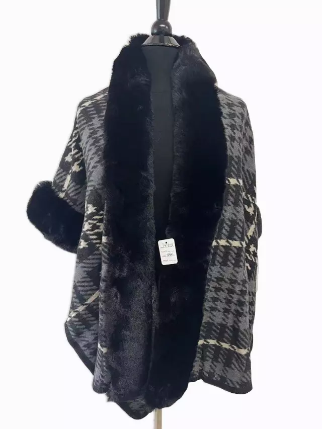 TX513 Faux Fur Houndstooth Pattern Cape — Black