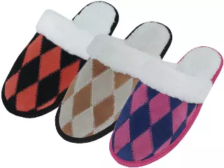 W5299 - Wholesale Women's Diamond Pattern Leather Patch Upper with Fur Cuff House Slippers