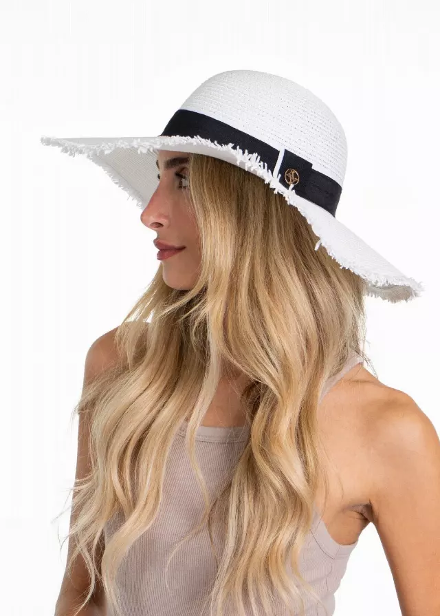Adrienne Vittadini Frayed Brim Straw Floppy — WHITE