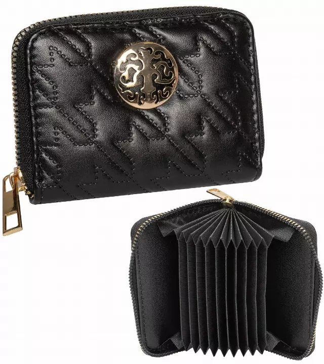 Rebecca & Rifka Smooth Houndstooth Quilt Medallion Zip Accordion Wallet — BK/GD