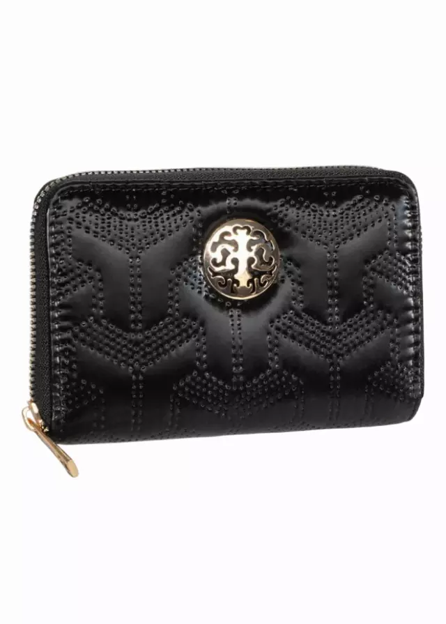 Rebecca & Rifka Patent Geometric Quilt Medallion Zip Indexer Wallet — BK/GD