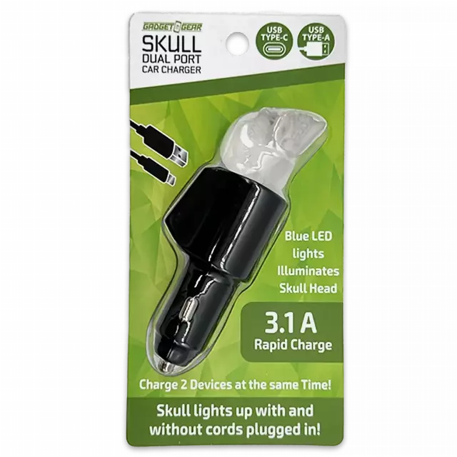 Car Charger Dual Port USB / USB-C LED Skull 3.1 Amp - 6 Pieces Per Pack 24001AZ