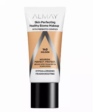 Almay Skin Perfecting Healthy Biome Foundation Makeup with Prebiotic Complex SPF 25, Hypoallergenic, Fragrance Free – 140 Golden