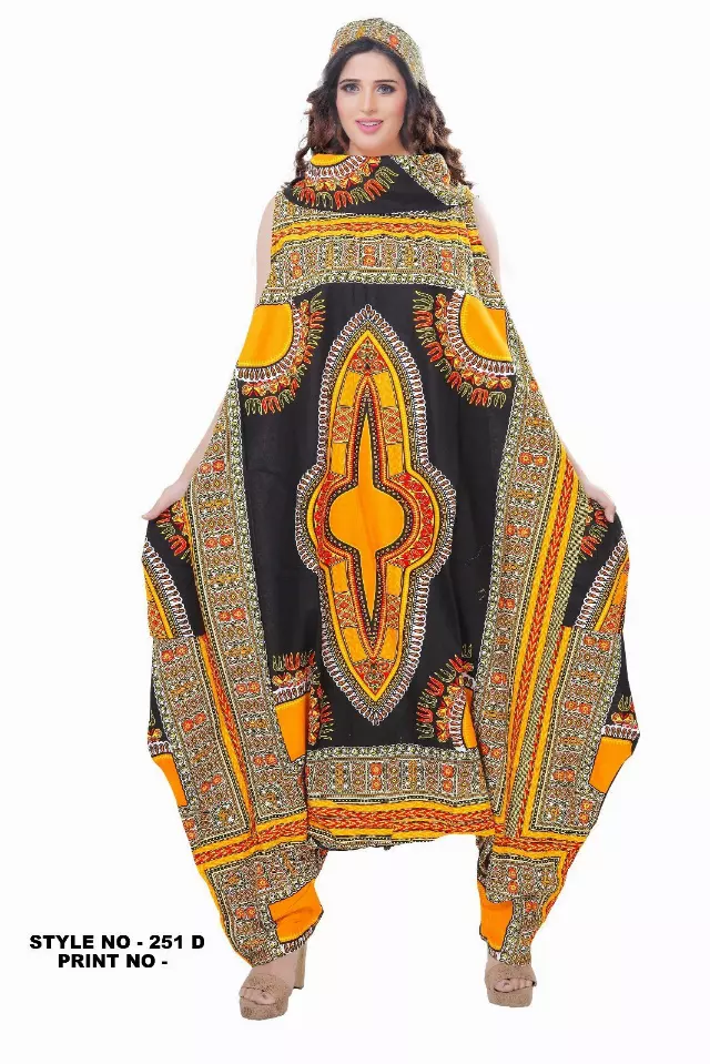 251DSK - NOW IN DASHIKI COLORS - Cow Neck African Wax Jumpsuit/Dress (3 PCS PRE-PACK) - $25 Each — One Size (4 - 26) / Black/Gold