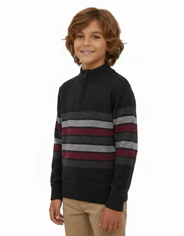 Little Boys' Striped Quarter Zip Sweater W26-4 — 4-5-6-7 / W76 Black