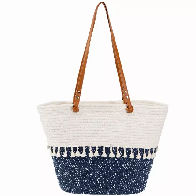 Magid Natural Cotton Woven & Faux Leather Fringe Shoulder Tote — 294-IVORY/NAVY
