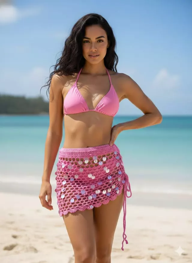 BC2204 Sequin Crochet Beach Mini Skirt — Pink