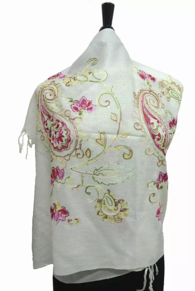 G105 Embroidered Floral Sequin Pashmina — White