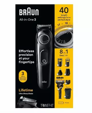 Braun All-in-One Style Kit Series 3 3470, 8-in-1 Trimmer for Men with BeardTrimmer, Ear & NoseTrimmer, Hair Clippers & More, Ultra-Sharp Blade, 40 Length Settings, Washable