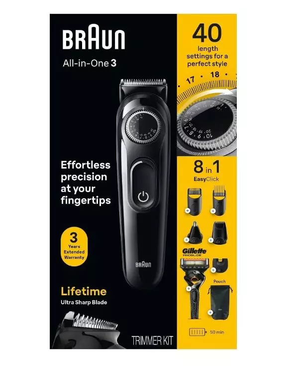 Braun All-in-One Style Kit Series 3 3470, 8-in-1 Trimmer for Men with BeardTrimmer, Ear & NoseTrimmer, Hair Clippers & More, Ultra-Sharp Blade, 40 Length Settings, Washable