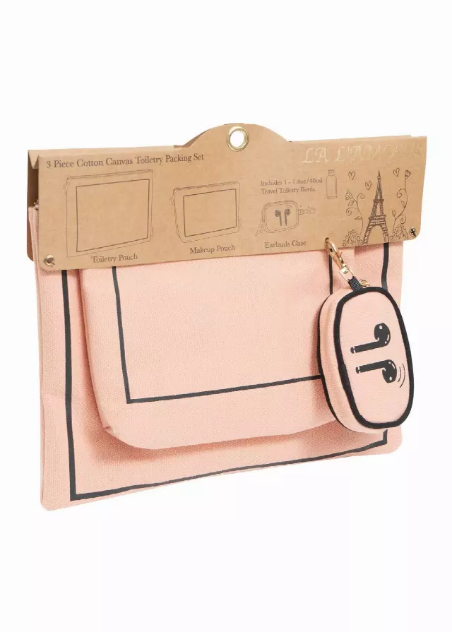 La L'Amour 16oz Cotton Canvas 3 Piece Toiletry Packing Set With Earbuds Case — 038-BLUSH