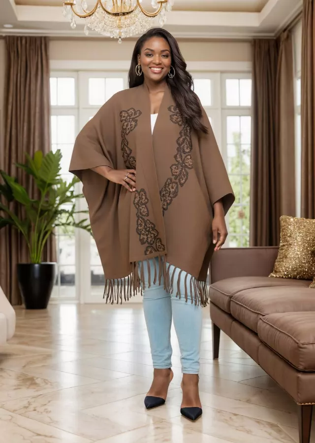 25022 - Women's Embellished Front Open Soft-Feel Fringed Poncho - $49.00 Each — Free Size / Brown