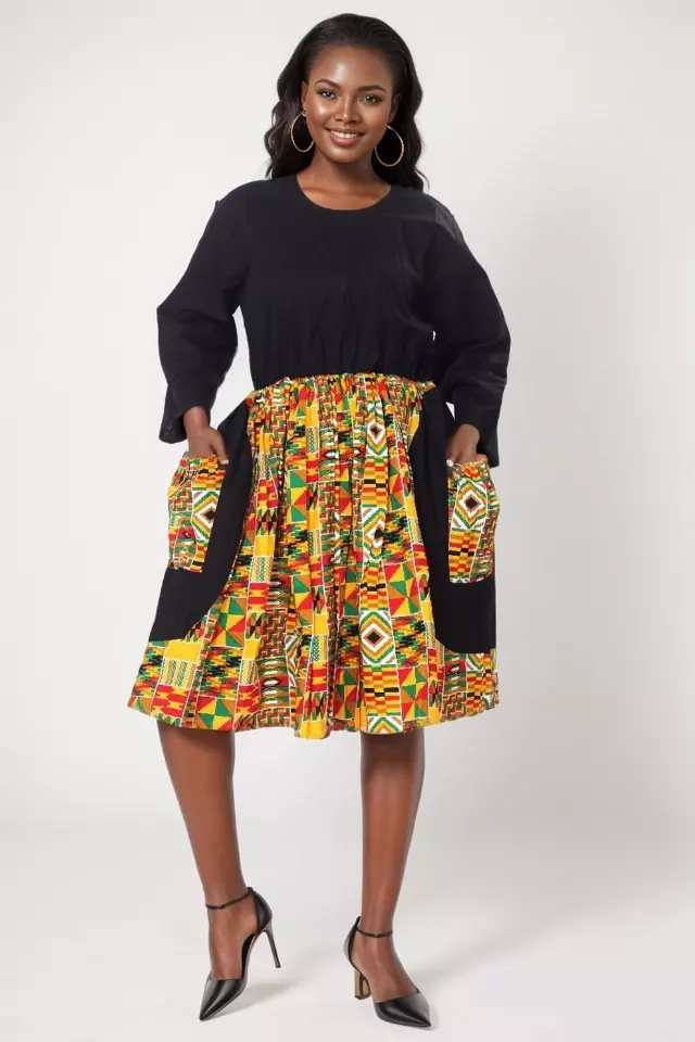 7845 - Women's Duo-Tone Solid & African Printed Dress | Round Neckline | Long Sleeves - $20.00 Each — Free Size / Print-642
