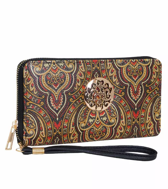 Rebecca & Rifka Paisley Print Medallion Zip Wristlet Wallet — TAN/MULTI