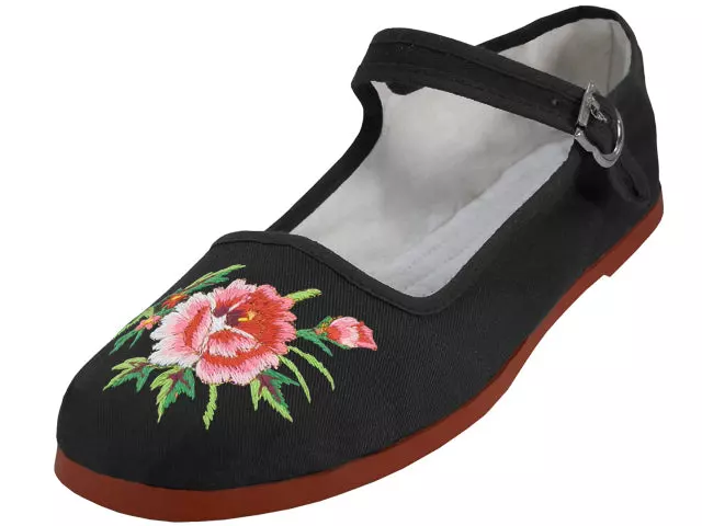 T2-114LB-EMB - Wholesale Women's "Easy USA" Floral Embroidered Cotton Upper Classic Mary Janes Shoe — Black (T2-114LB-EMB) / 40