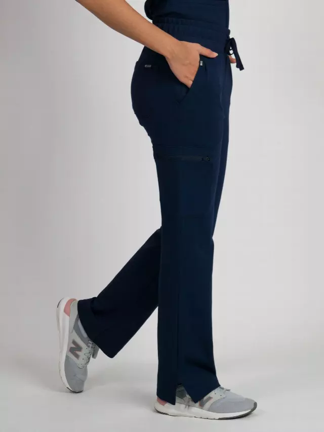 Lira | Ultra-Stretch Ponte Knit Straight-Leg Studio/Yoga Scrub Pant — Petite - 28" / Navy / L
