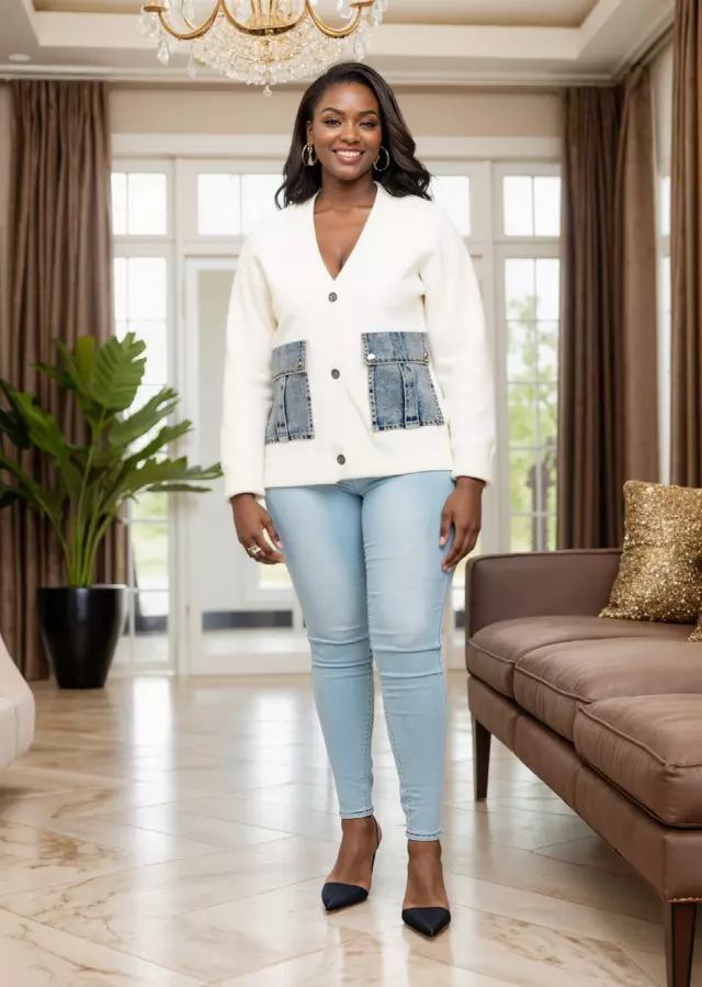 25027 - Women's Big Pockets Denim V-Neck Sweater ($30.00 Each) — White / One Size Fits Most