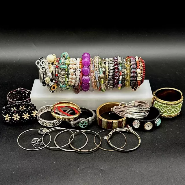 Vintage to Modern Costume Jewelry Bracelet Lot 30+ Pcs Beaded Bangle Cuff
