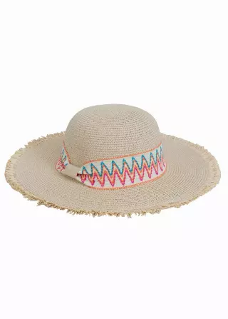Magid Printed Ribbon & Frayed Brim Straw Floppy Hat — NATURAL
