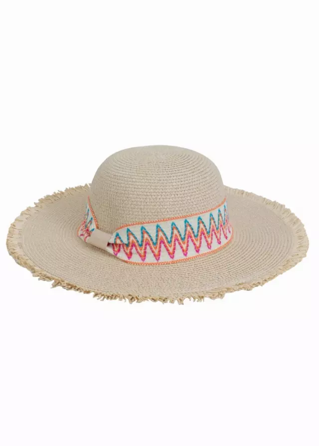 Magid Printed Ribbon & Frayed Brim Straw Floppy Hat — NATURAL
