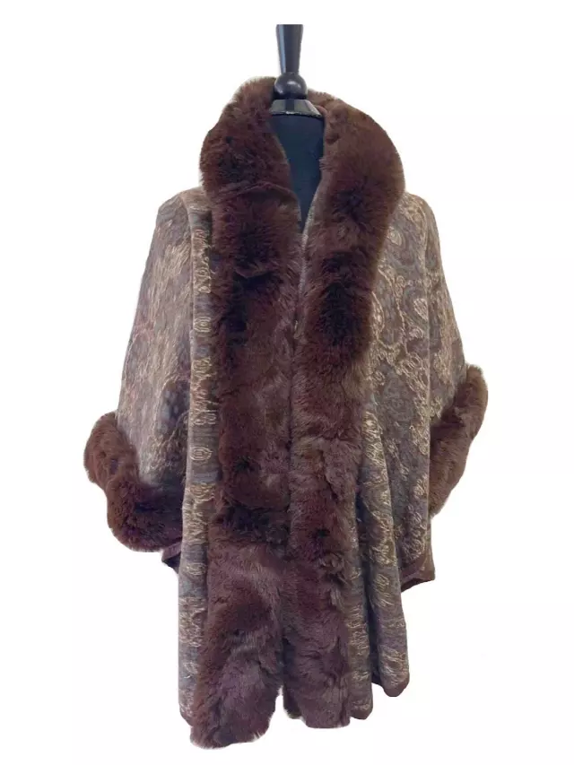 TX528 Faux Fur Paisley Pattern Cape with Hoodie — Brown