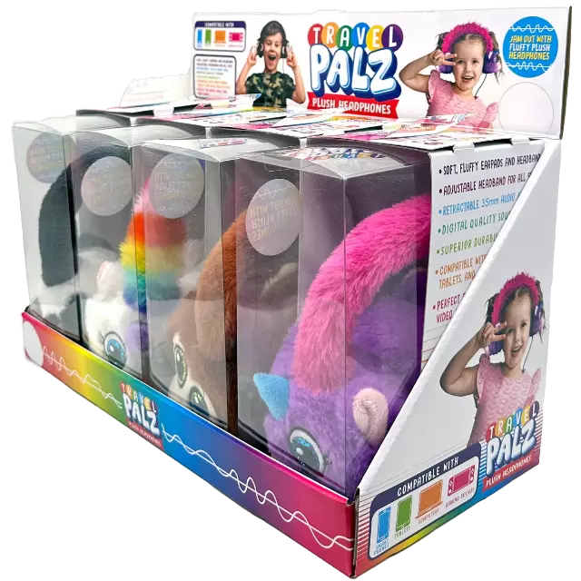 Wired Headphones Travel Pals Kids Plush with Retractable Cord - 4 Pieces Per Retail Ready Display 23699